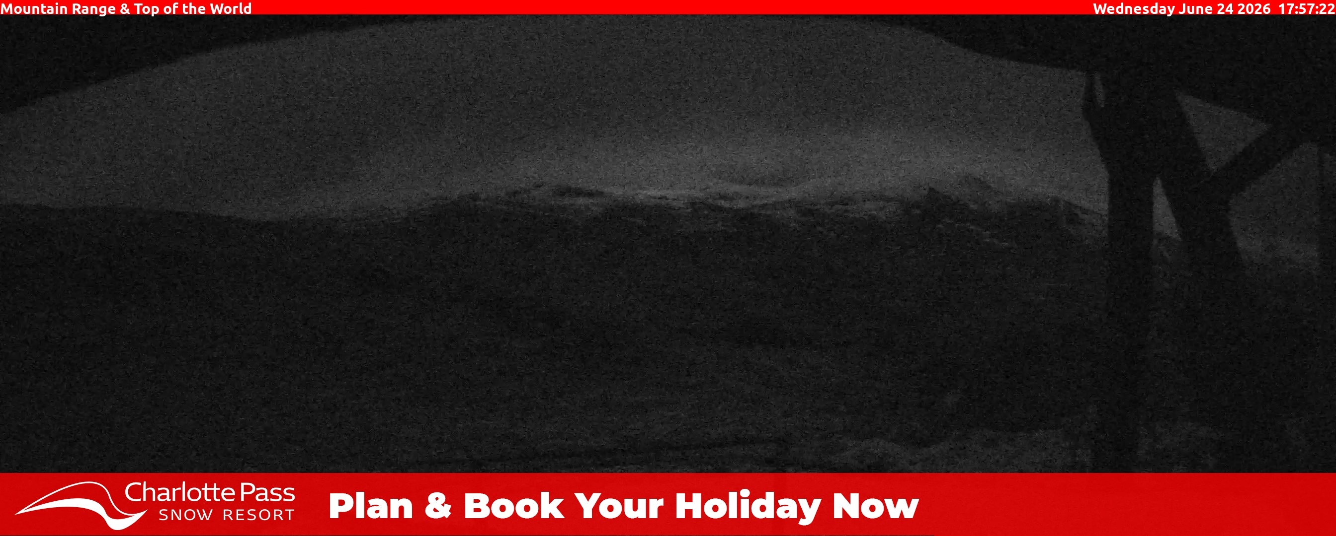 Charlotte Pass Mountain Range and Top of the World snow cam captured at 24 June 2026 at 5:59 pm AEST