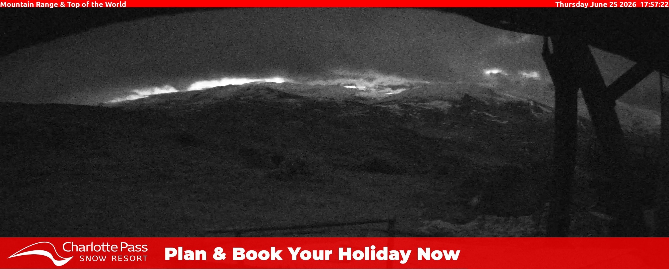 Charlotte Pass Mountain Range and Top of the World snow cam captured at 25 June 2026 at 5:57 pm AEST