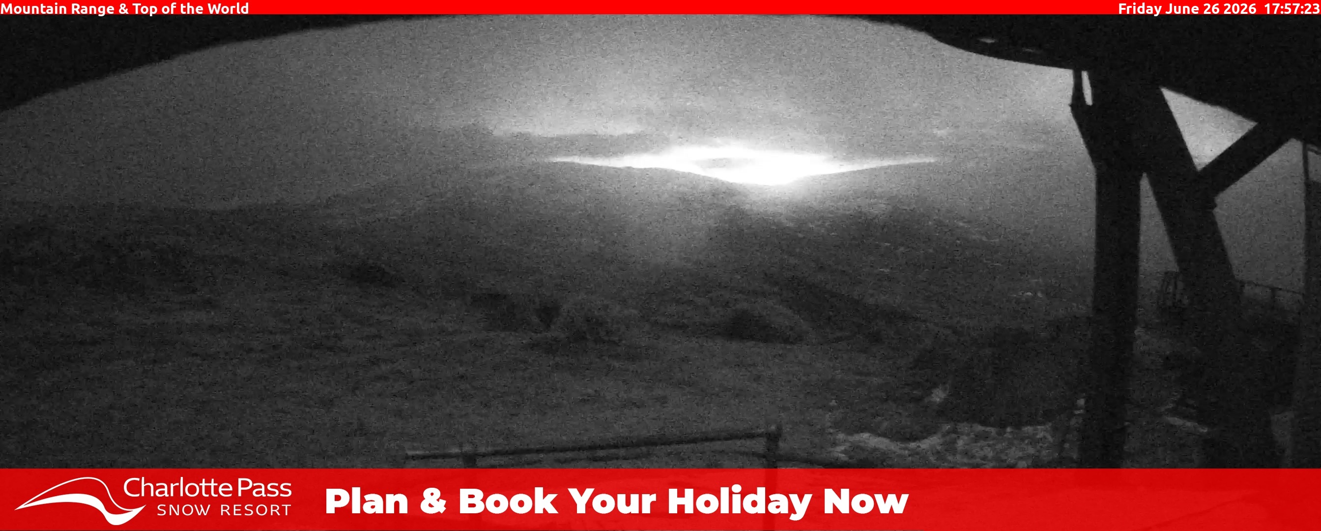 Charlotte Pass Mountain Range and Top of the World snow cam captured at 26 June 2026 at 5:59 pm AEST