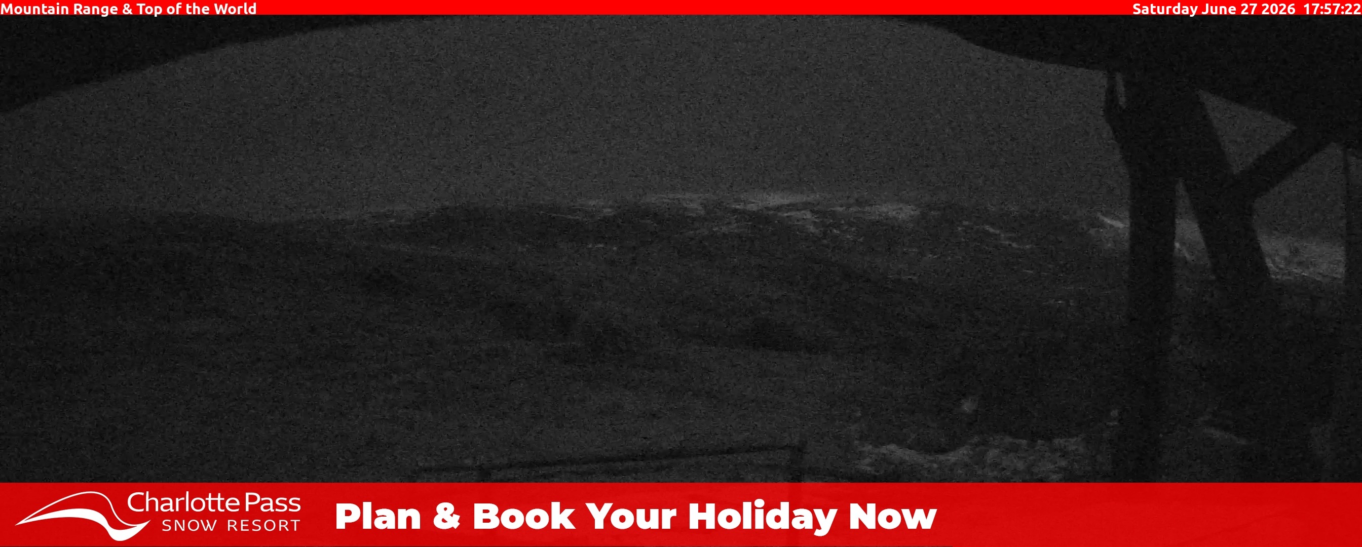 Charlotte Pass Mountain Range and Top of the World snow cam captured at 27 June 2026 at 6:02 pm AEST