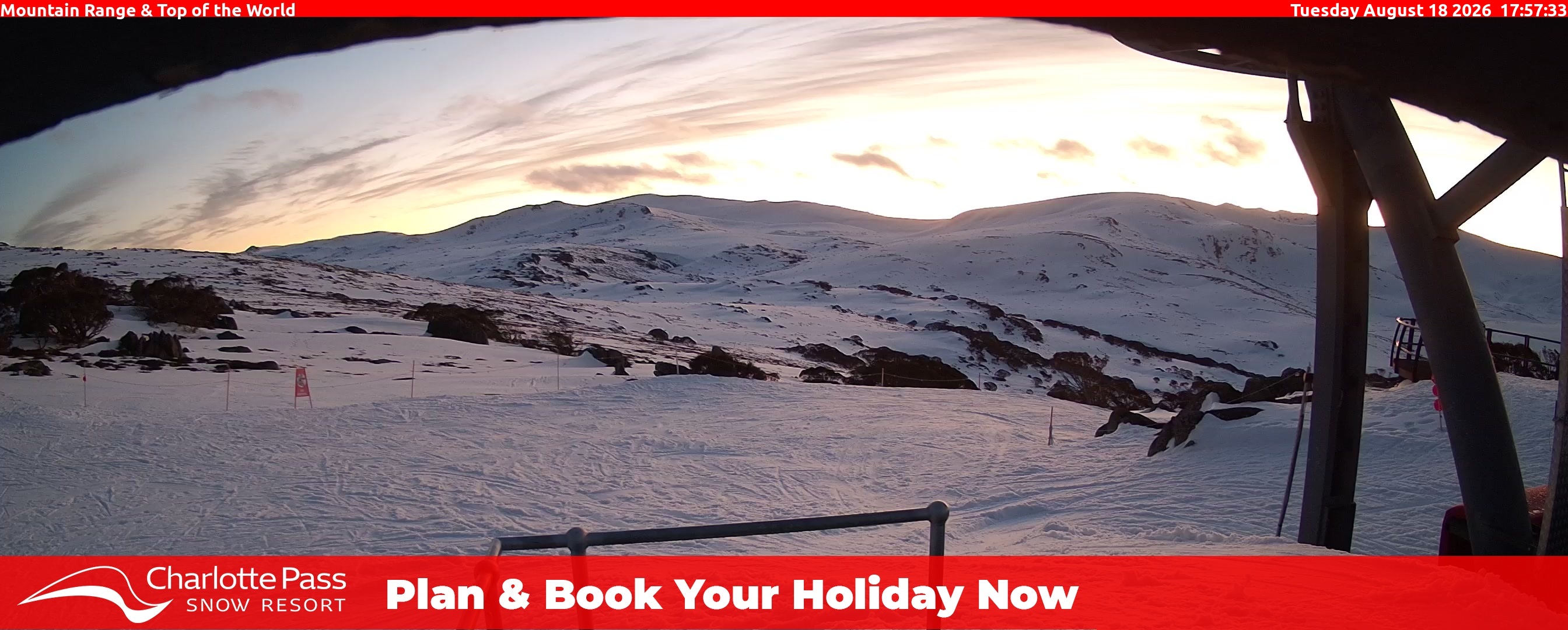 Charlotte Pass Mountain Range and Top of the World snow cam captured at 18 August 2026 at 6:07 pm AEST