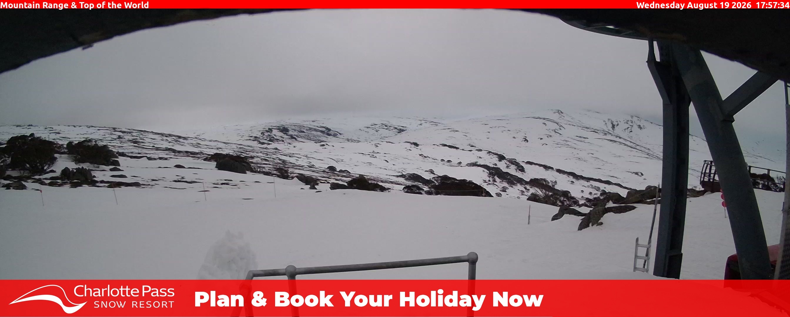 Charlotte Pass Mountain Range and Top of the World snow cam captured at 19 August 2026 at 6:01 pm AEST