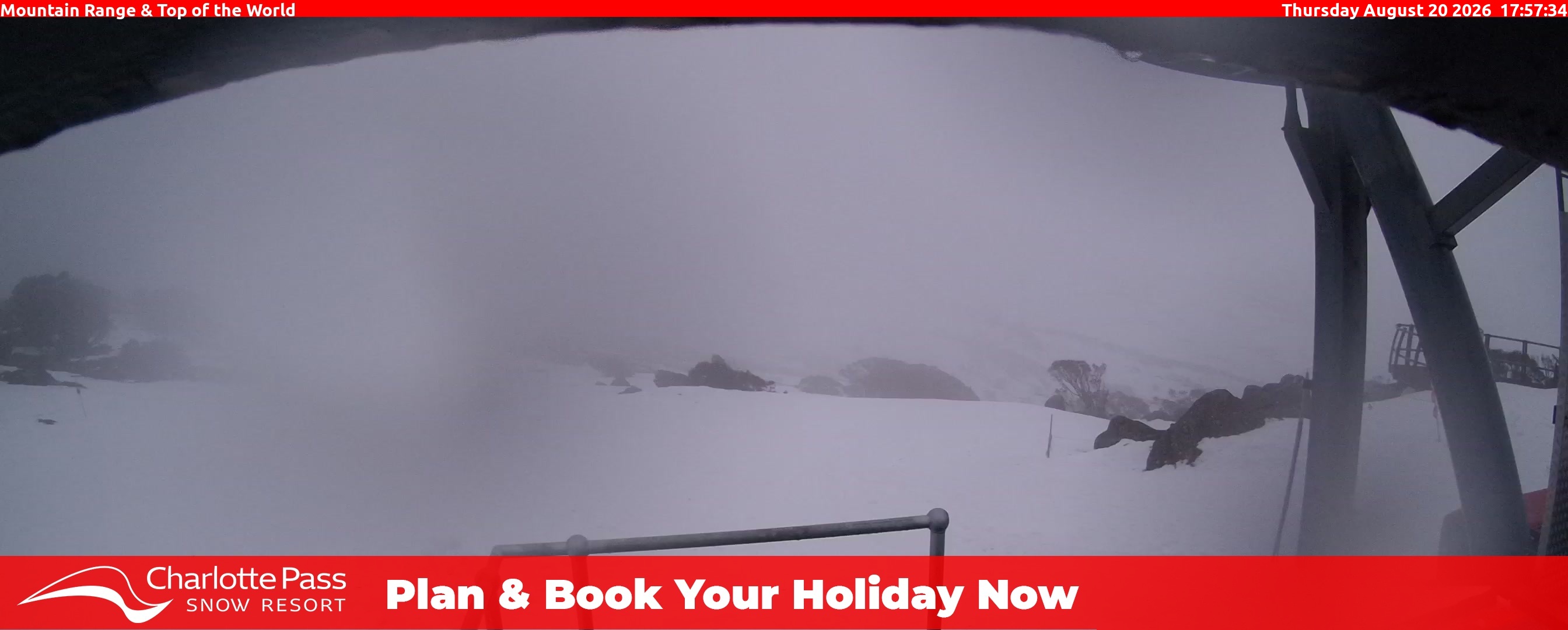 Charlotte Pass Mountain Range and Top of the World snow cam captured at 20 August 2026 at 6:02 pm AEST