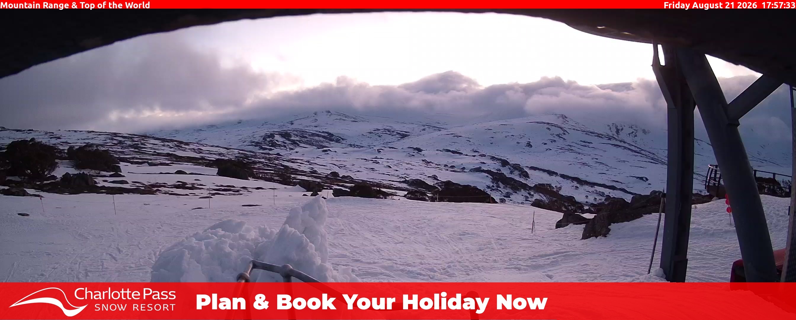 Charlotte Pass Mountain Range and Top of the World snow cam captured at 21 August 2026 at 6:03 pm AEST