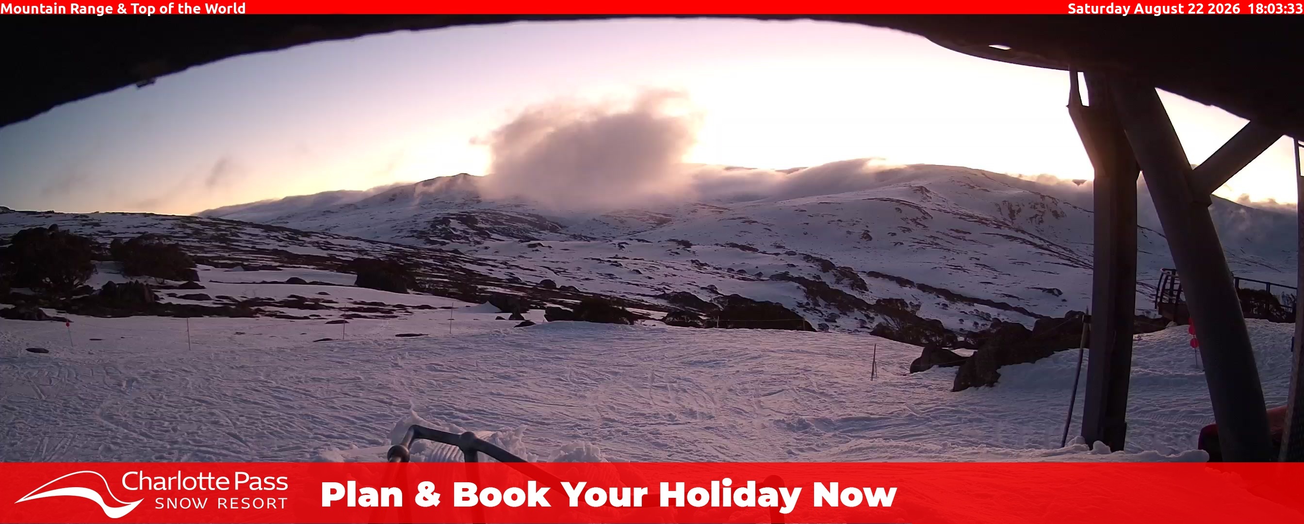 Charlotte Pass Mountain Range and Top of the World snow cam captured at 22 August 2026 at 6:15 pm AEST