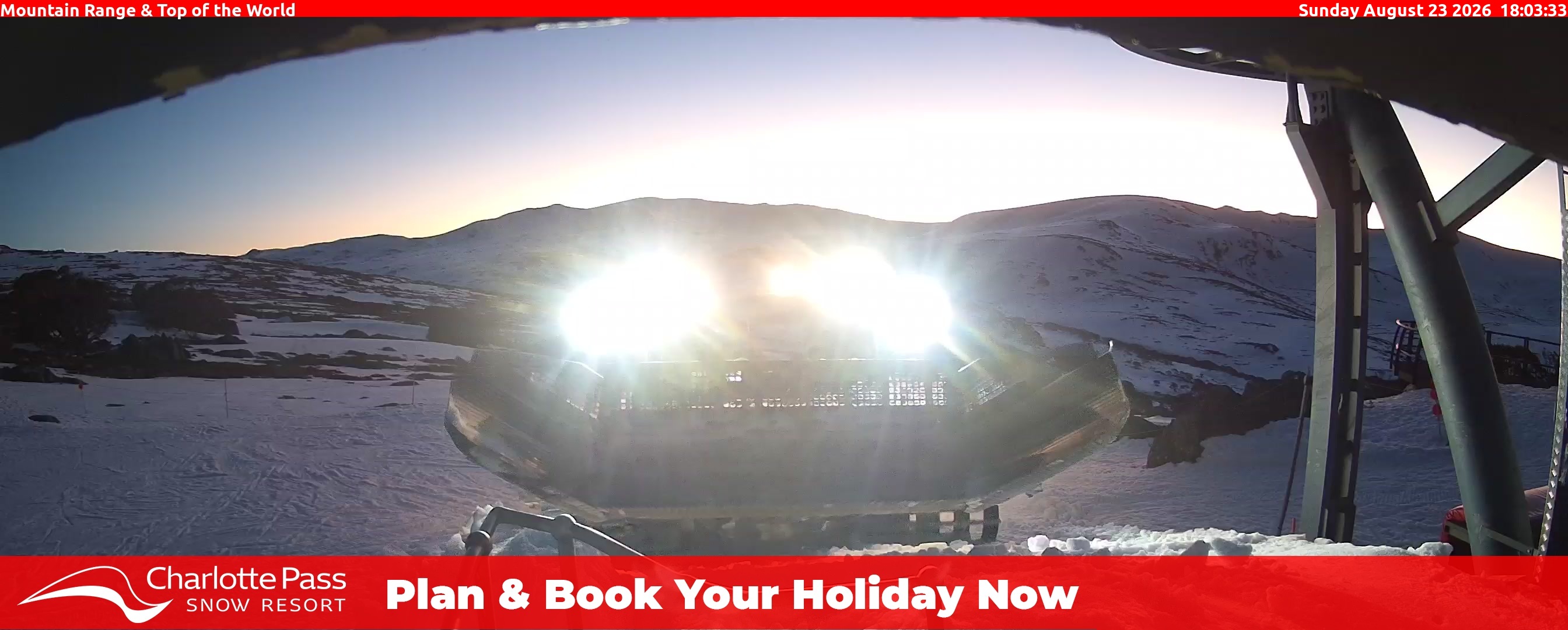 Charlotte Pass Mountain Range and Top of the World snow cam captured at 23 August 2026 at 6:16 pm AEST