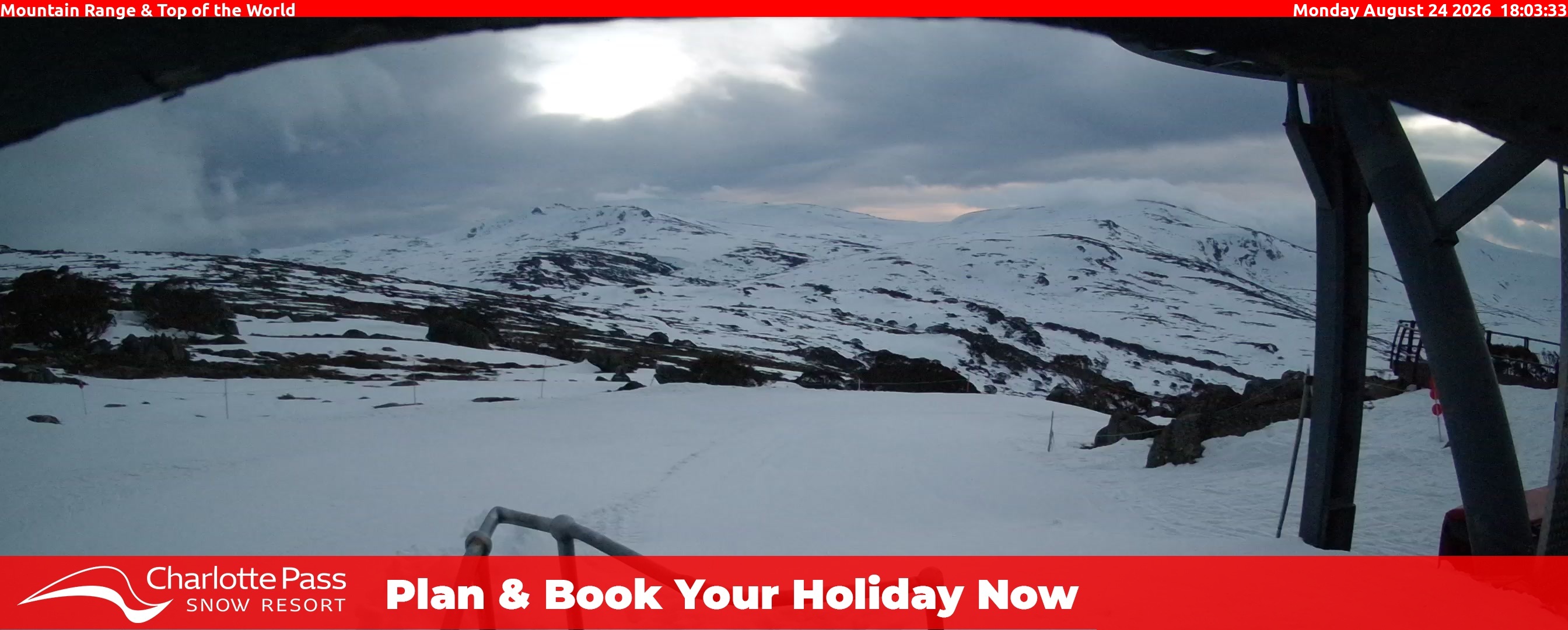 Charlotte Pass Mountain Range and Top of the World snow cam captured at 24 August 2026 at 6:06 pm AEST