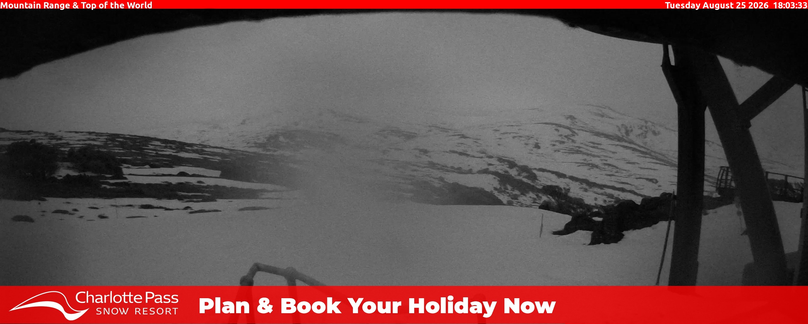 Charlotte Pass Mountain Range and Top of the World snow cam captured at 25 August 2026 at 6:07 pm AEST