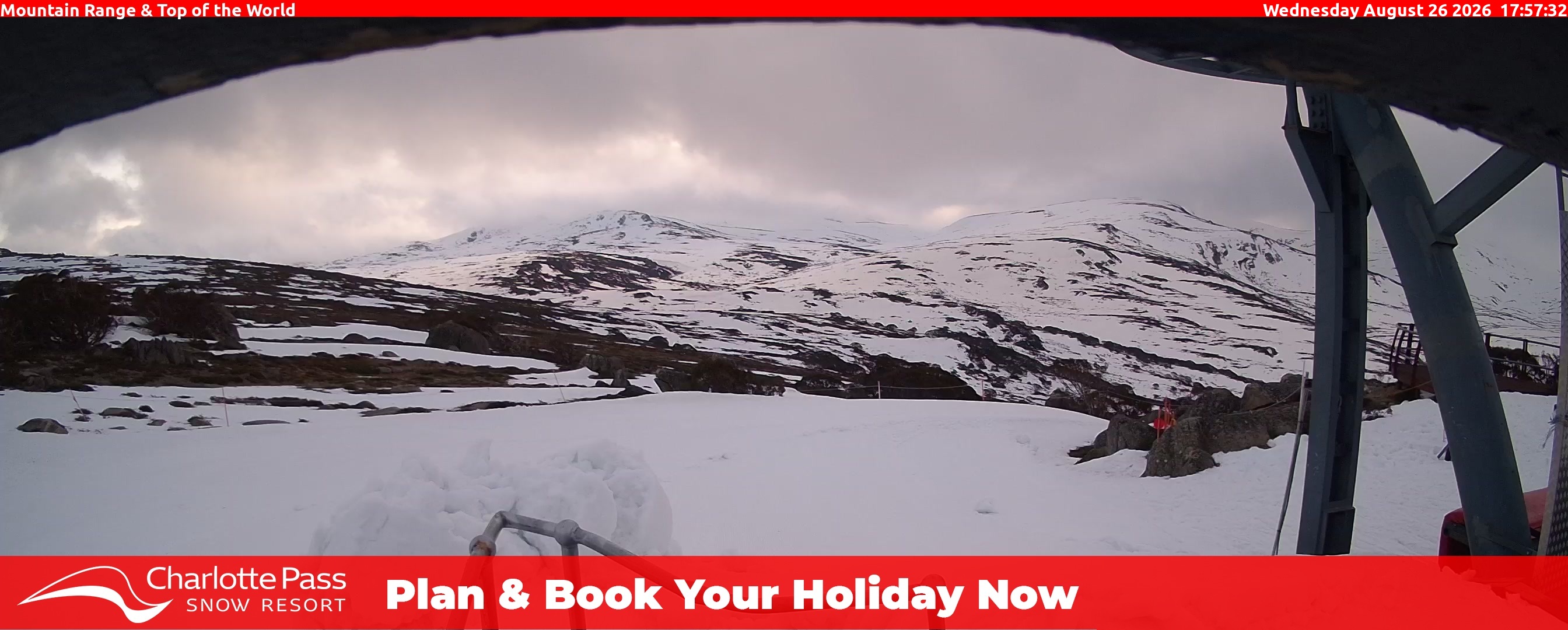 Charlotte Pass Mountain Range and Top of the World snow cam captured at 26 August 2026 at 5:57 pm AEST