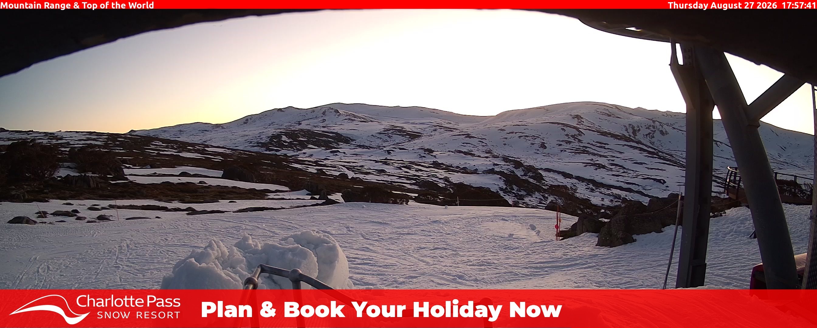 Charlotte Pass Mountain Range and Top of the World snow cam captured at 27 August 2026 at 5:58 pm AEST