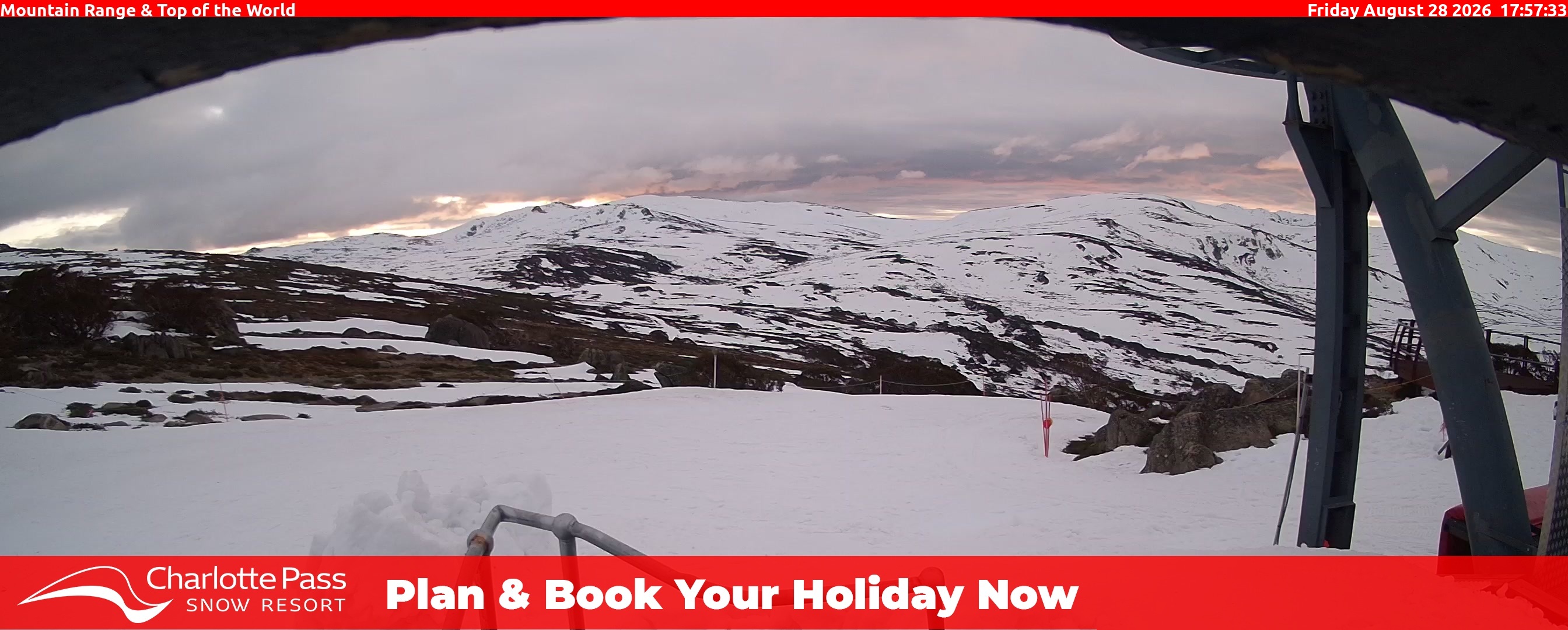 Charlotte Pass Mountain Range and Top of the World snow cam captured at 28 August 2026 at 5:59 pm AEST