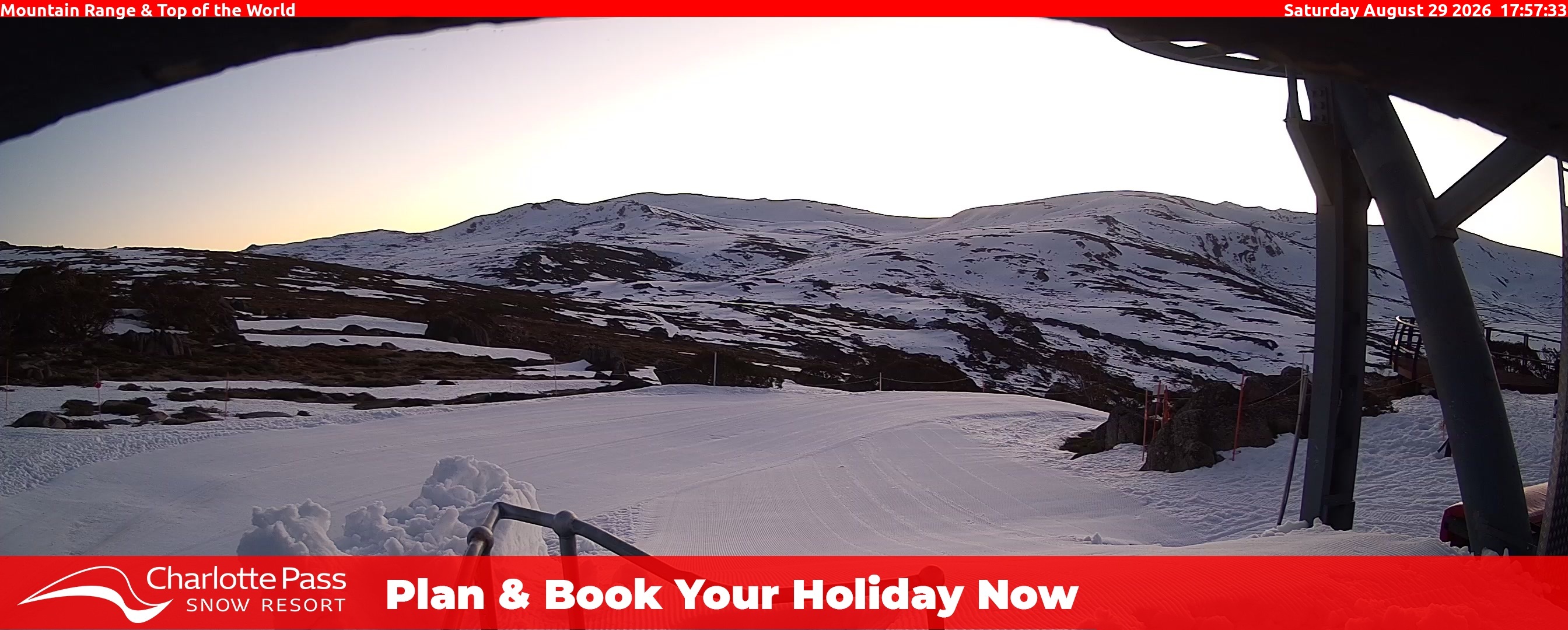 Charlotte Pass Mountain Range and Top of the World snow cam captured at 29 August 2026 at 6:02 pm AEST