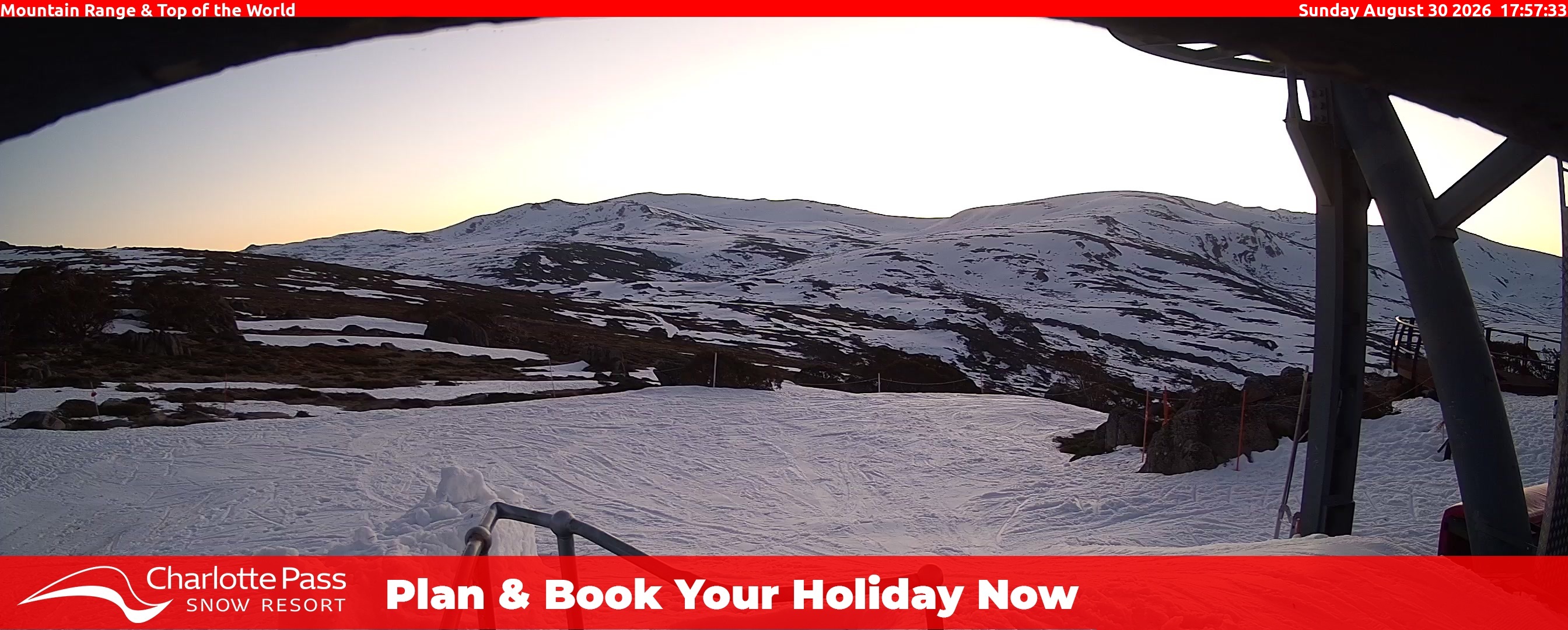Charlotte Pass Mountain Range and Top of the World snow cam captured at 30 August 2026 at 6:03 pm AEST