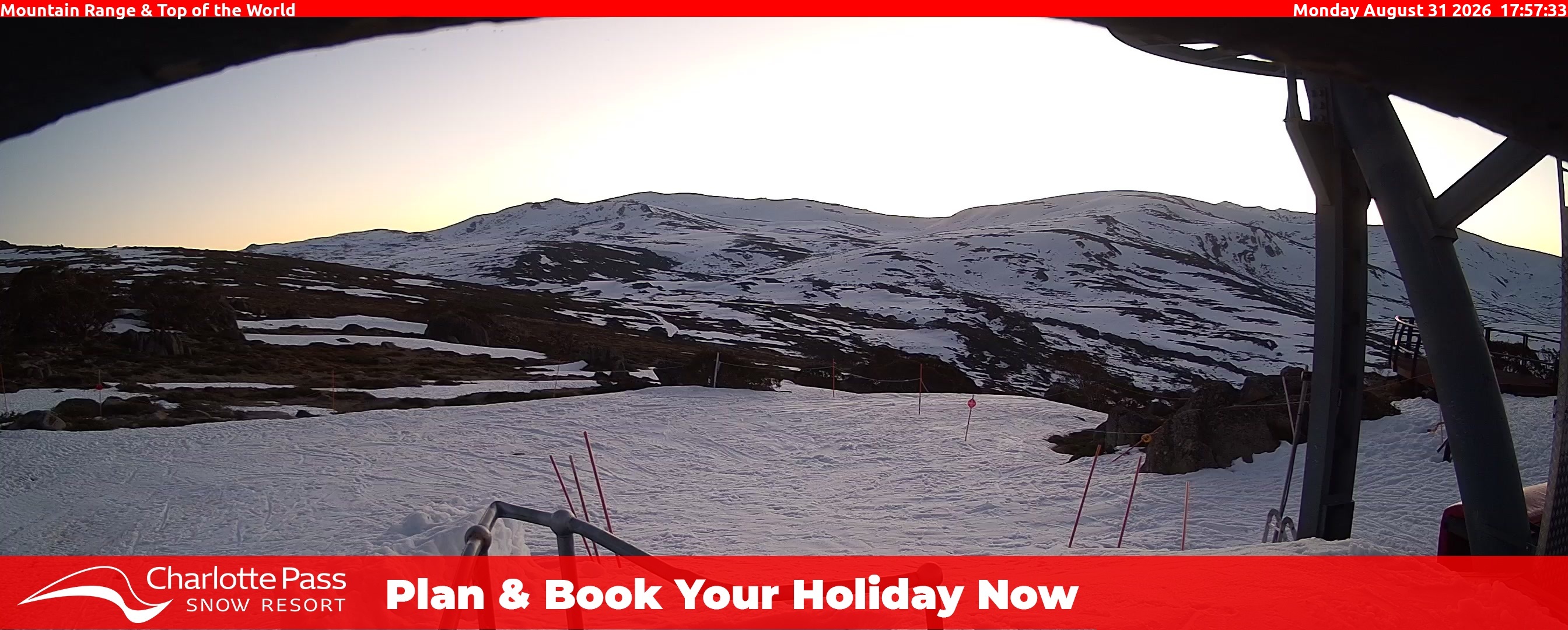 Charlotte Pass Mountain Range and Top of the World snow cam captured at 31 August 2026 at 6:04 pm AEST