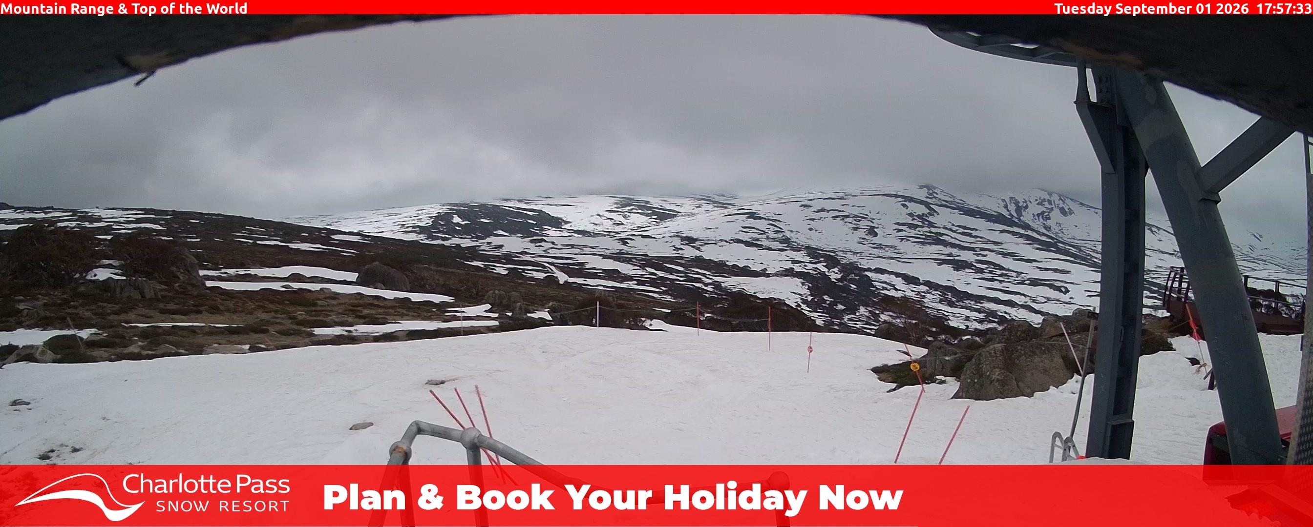 Charlotte Pass Mountain Range and Top of the World snow cam captured at 1 September 2026 at 6:03 pm AEST