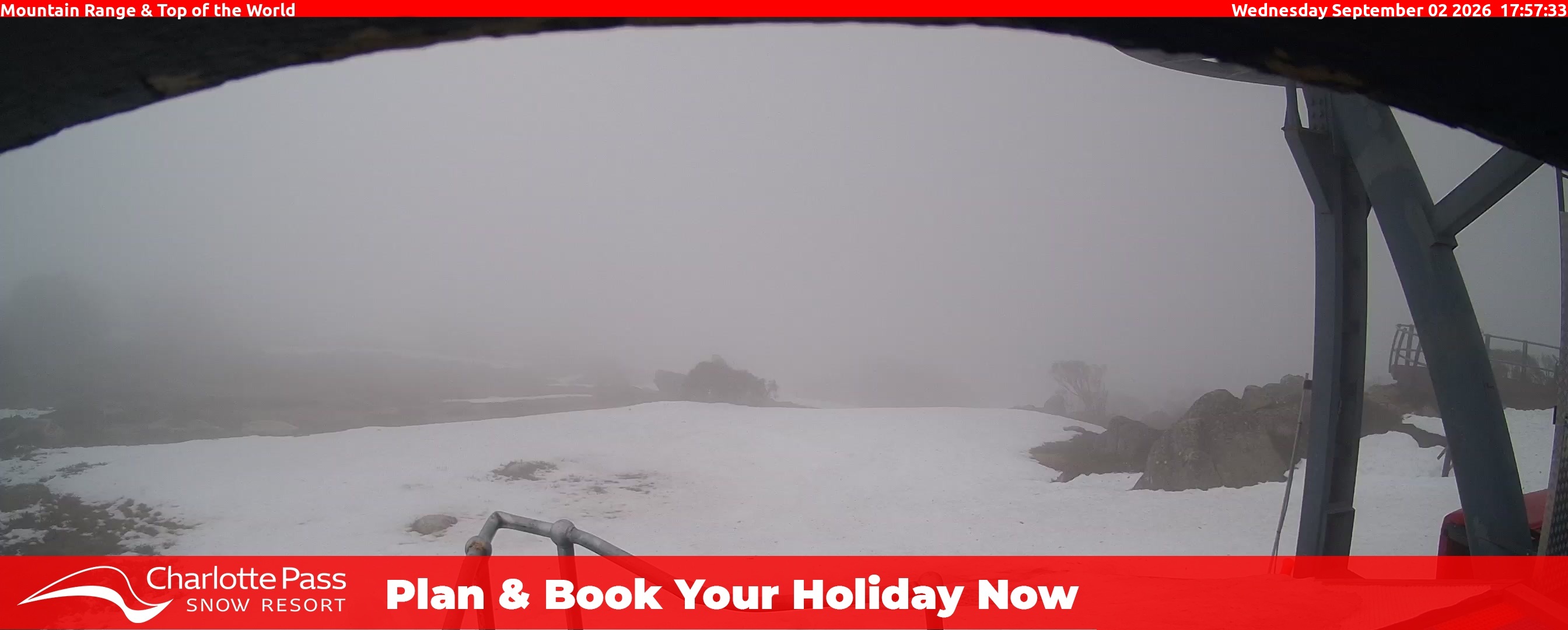 Charlotte Pass Mountain Range and Top of the World snow cam captured at 2 September 2026 at 6:00 pm AEST