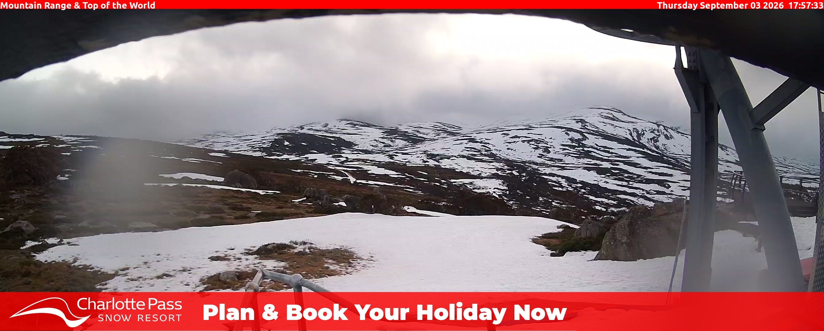 Charlotte Pass Mountain Range and Top of the World snow cam captured at 3 September 2026 at 6:04 pm AEST