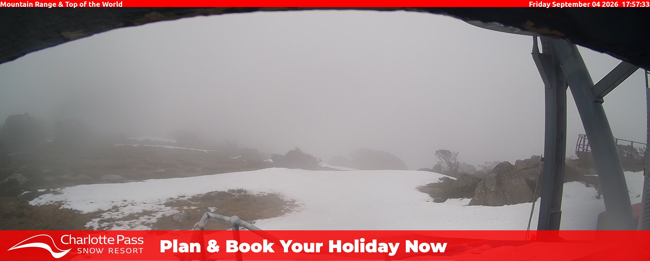 Charlotte Pass Mountain Range and Top of the World snow cam captured at 4 September 2026 at 6:05 pm AEST