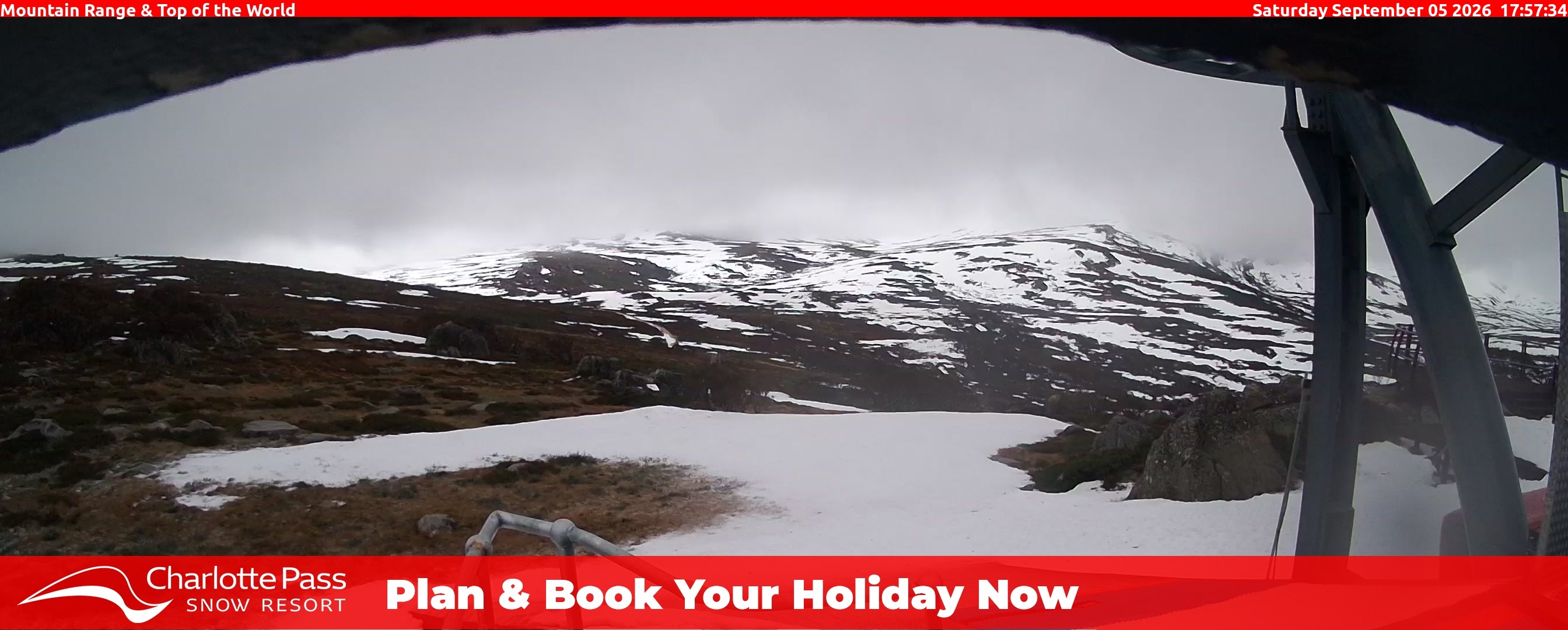 Charlotte Pass Mountain Range and Top of the World snow cam captured at 5 September 2026 at 6:06 pm AEST