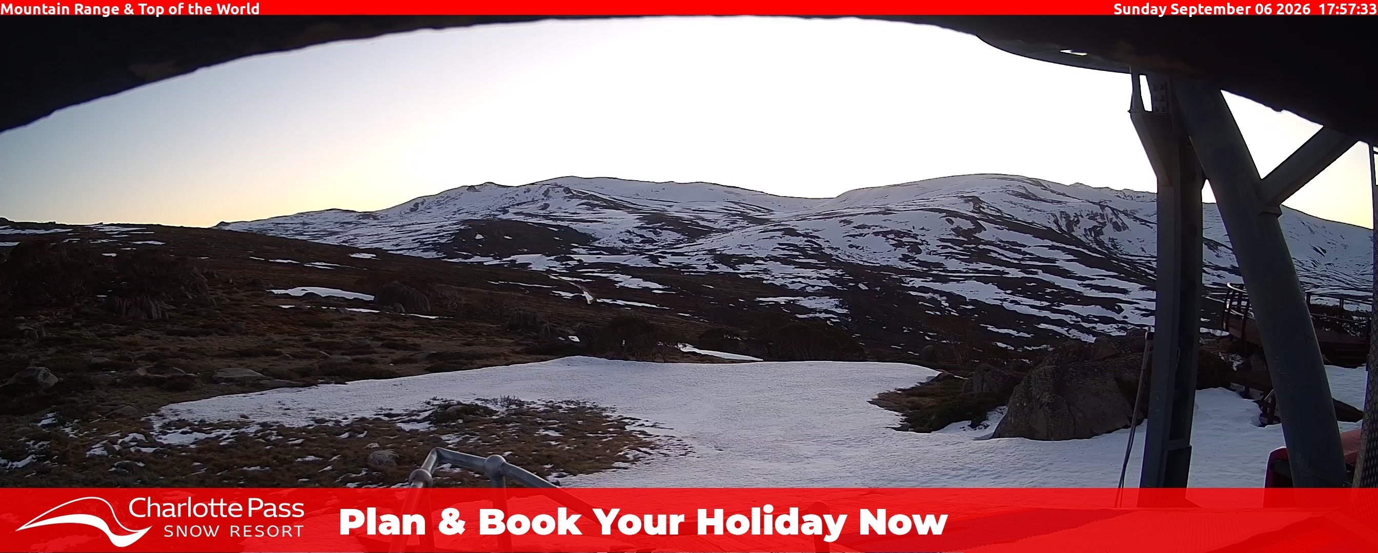 Charlotte Pass Mountain Range and Top of the World snow cam captured at 6 September 2026 at 6:06 pm AEST