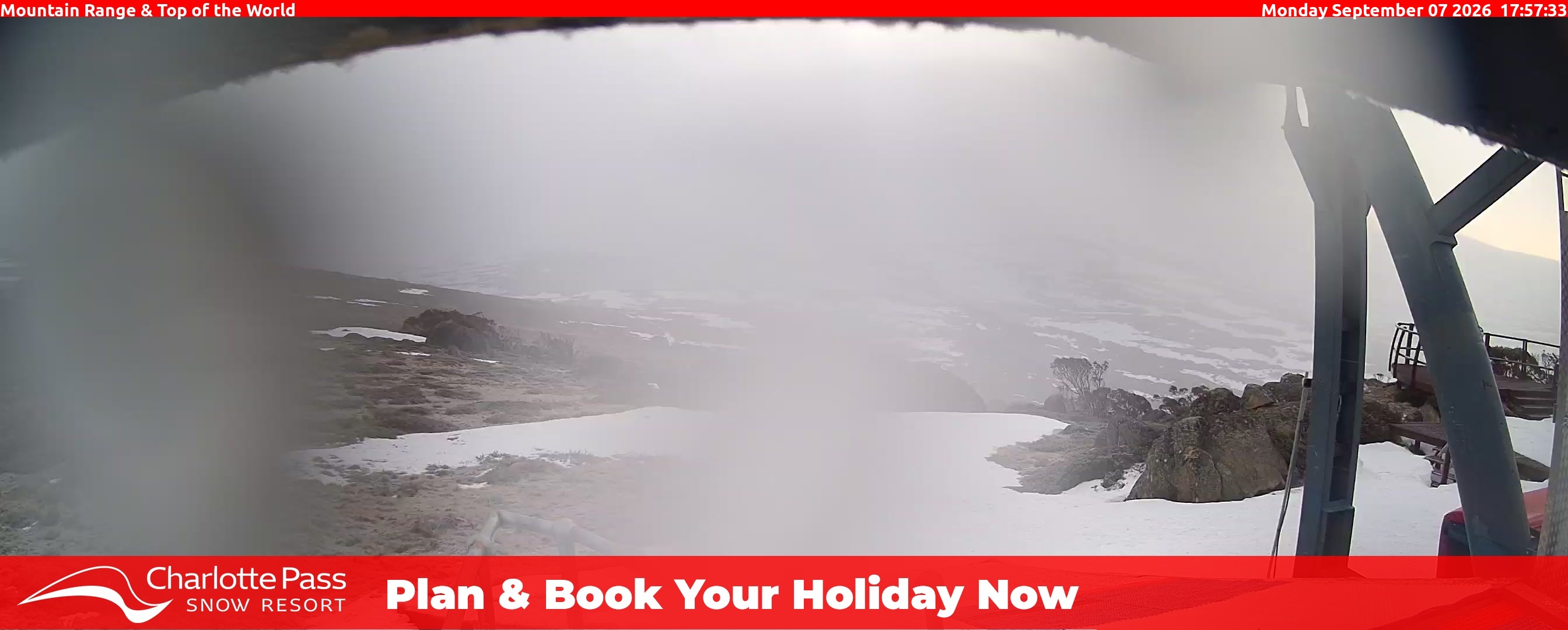 Charlotte Pass Mountain Range and Top of the World snow cam captured at 7 September 2026 at 6:08 pm AEST