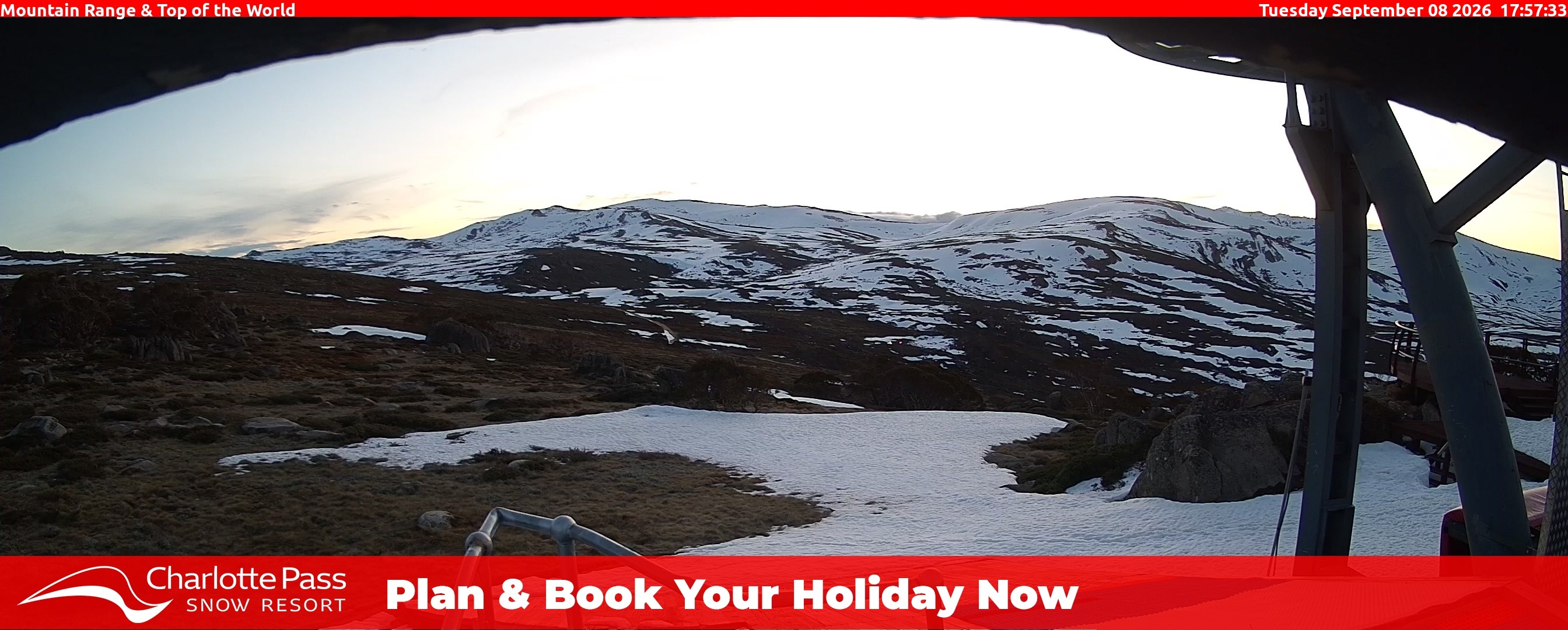 Charlotte Pass Mountain Range and Top of the World snow cam captured at 8 September 2026 at 5:58 pm AEST