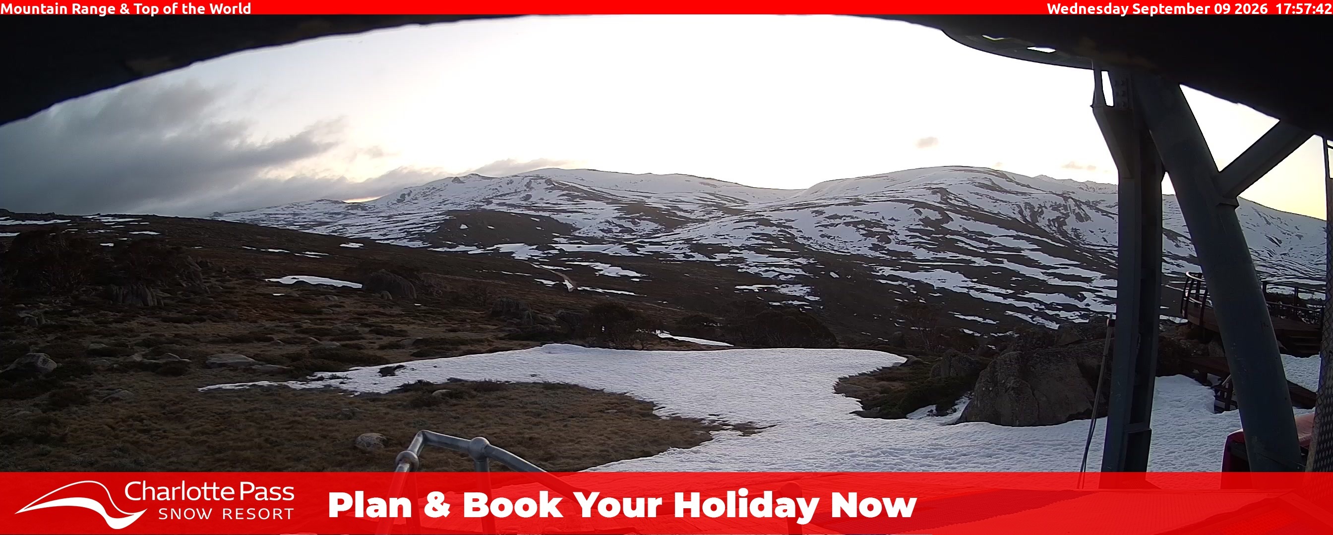 Charlotte Pass Mountain Range and Top of the World snow cam captured at 9 September 2026 at 5:59 pm AEST
