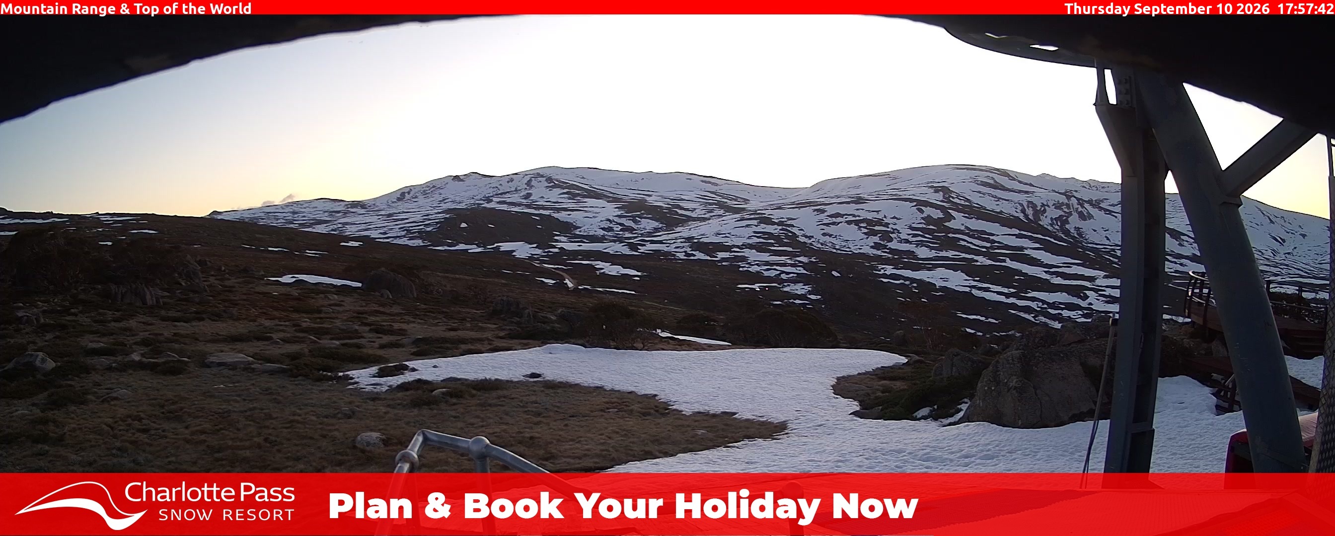 Charlotte Pass Mountain Range and Top of the World snow cam captured at 10 September 2026 at 6:00 pm AEST