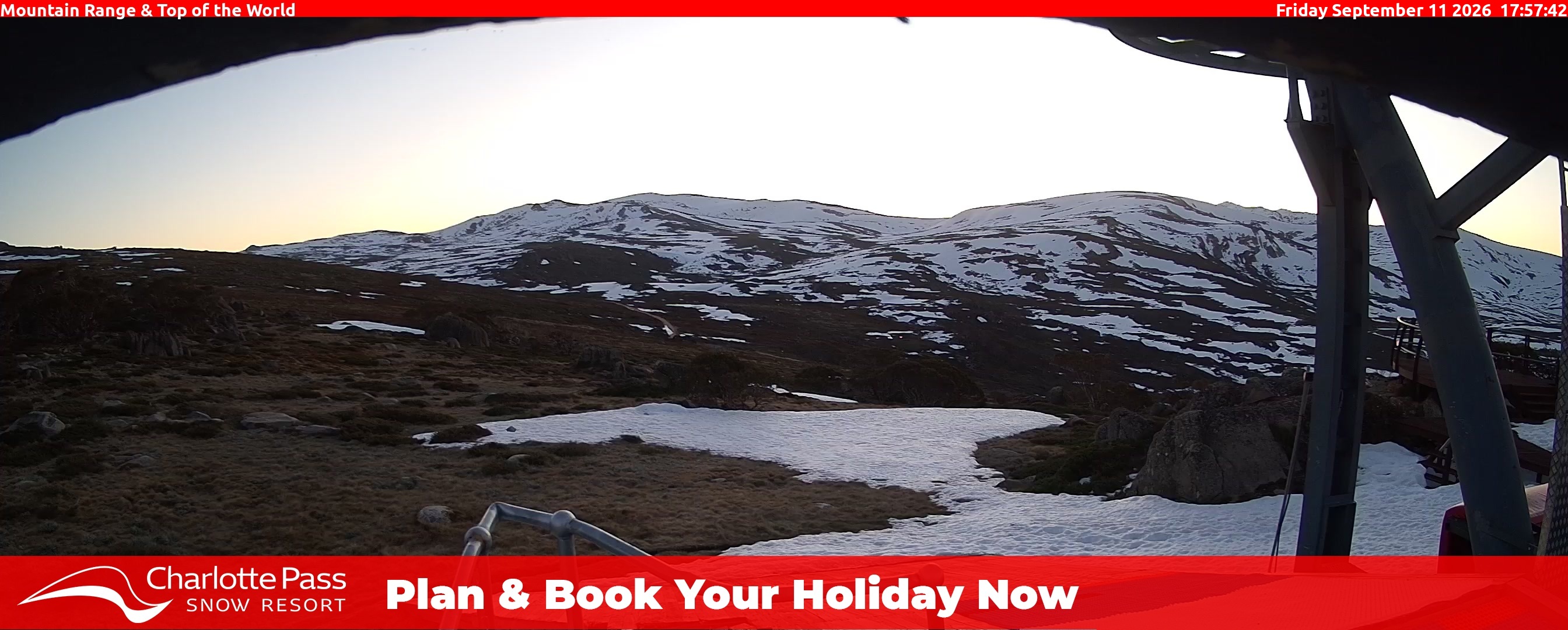 Charlotte Pass Mountain Range and Top of the World snow cam captured at 11 September 2026 at 6:01 pm AEST