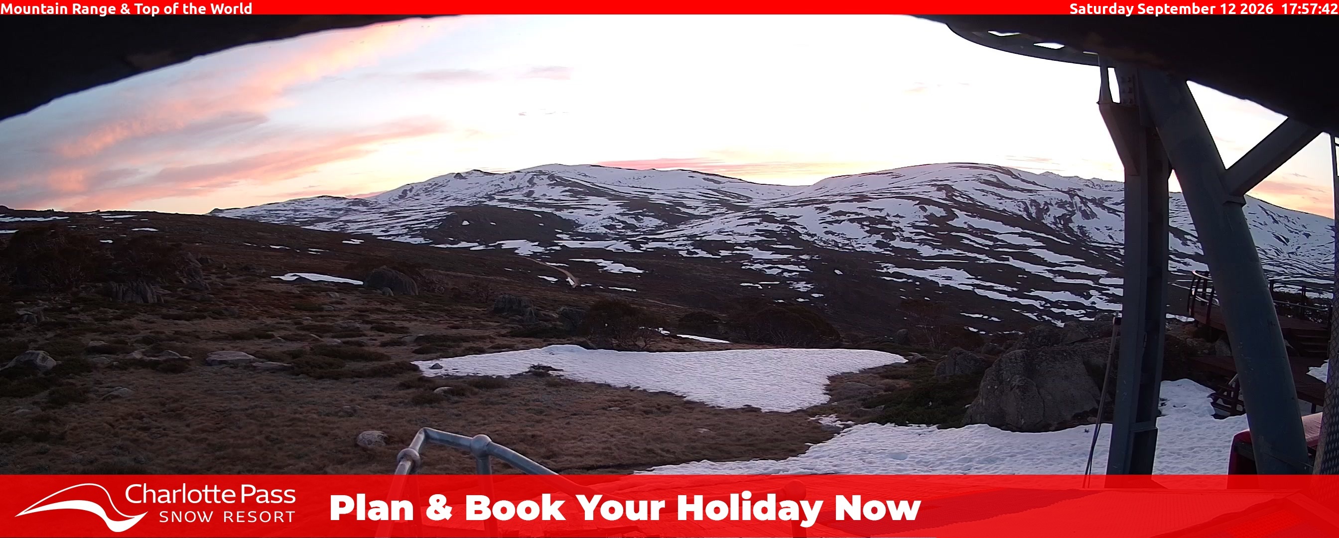 Charlotte Pass Mountain Range and Top of the World snow cam captured at 12 September 2026 at 6:01 pm AEST