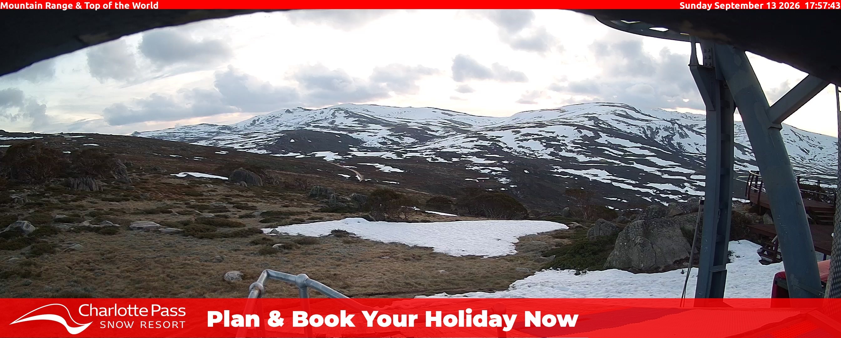 Charlotte Pass Mountain Range and Top of the World snow cam captured at 13 September 2026 at 6:01 pm AEST