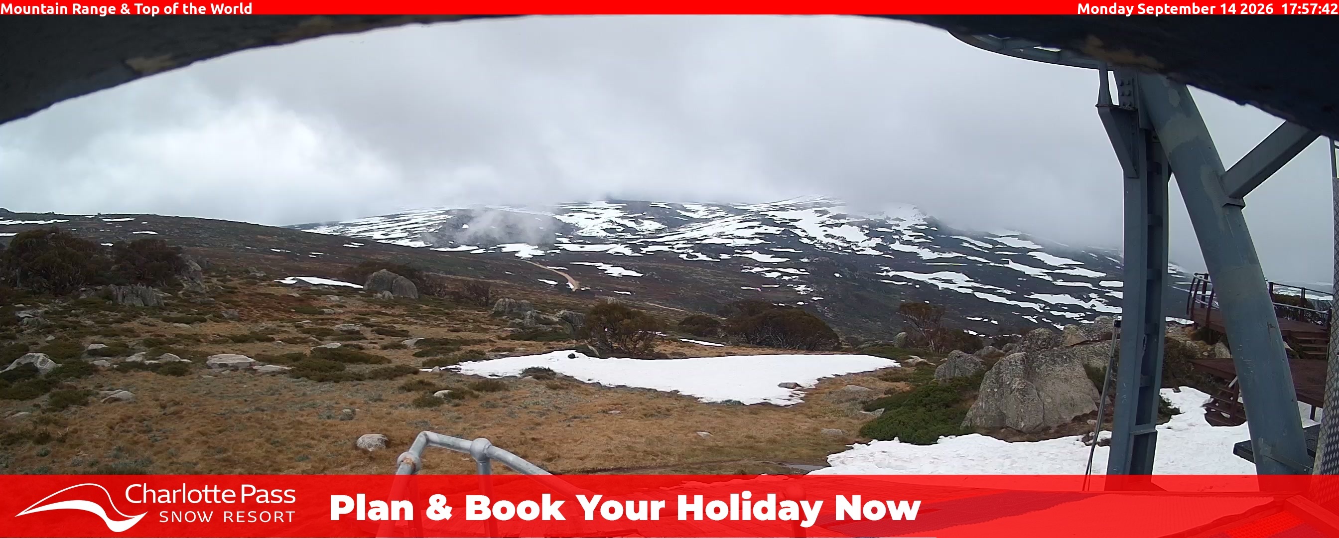 Charlotte Pass Mountain Range and Top of the World snow cam captured at 14 September 2026 at 6:04 pm AEST