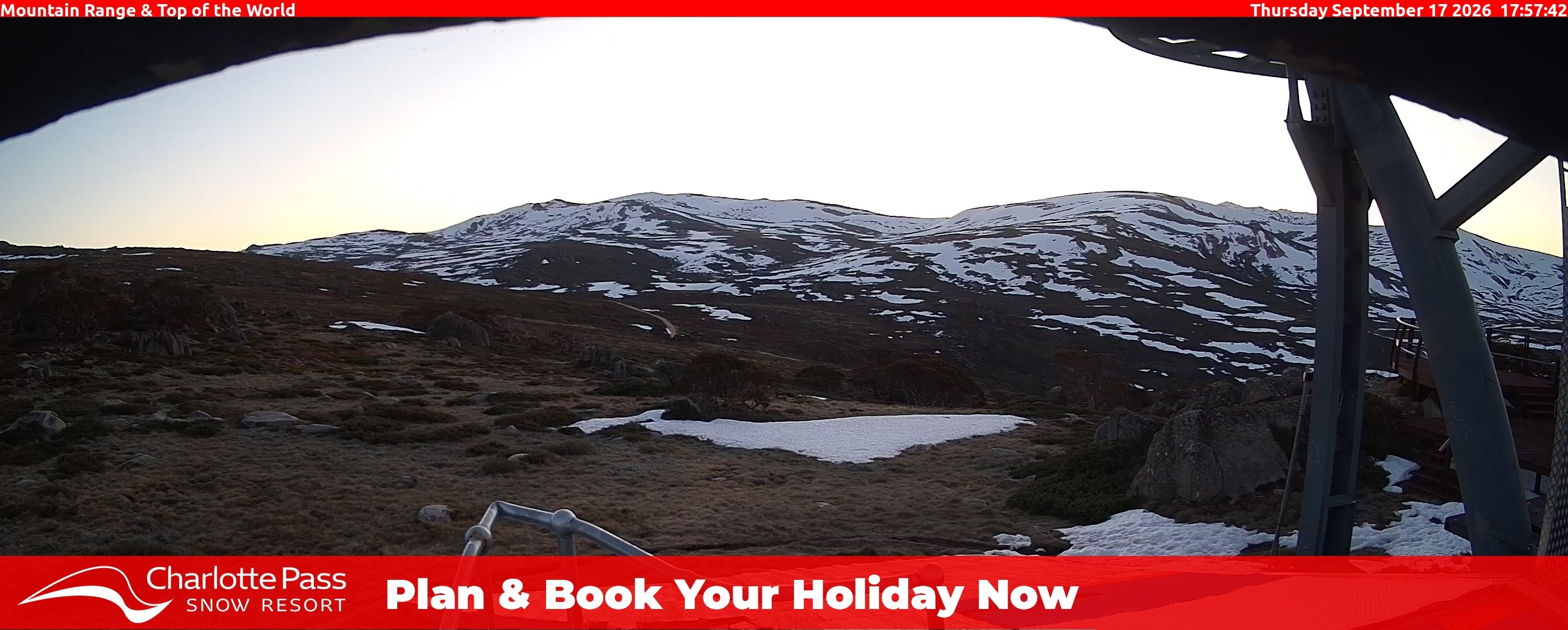 Charlotte Pass Mountain Range and Top of the World snow cam captured at 17 September 2026 at 6:05 pm AEST