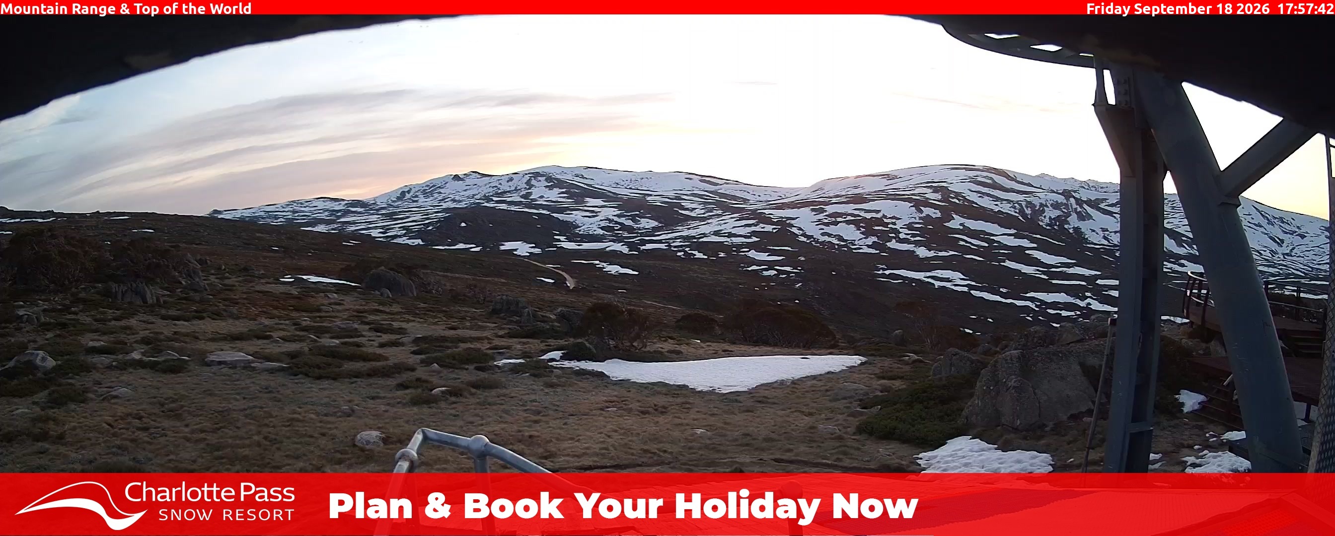 Charlotte Pass Mountain Range and Top of the World snow cam captured at 18 September 2026 at 6:08 pm AEST