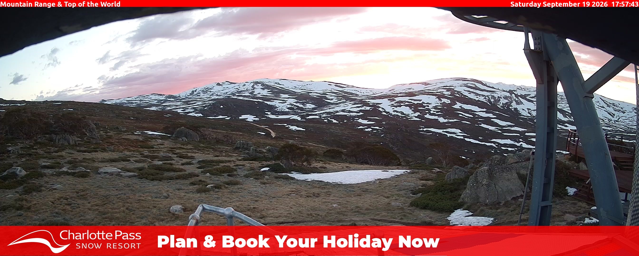 Charlotte Pass Mountain Range and Top of the World snow cam captured at 19 September 2026 at 6:00 pm AEST
