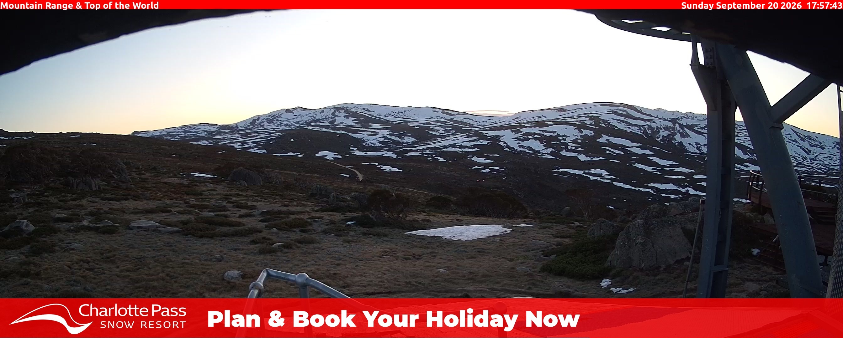 Charlotte Pass Mountain Range and Top of the World snow cam captured at 20 September 2026 at 6:02 pm AEST