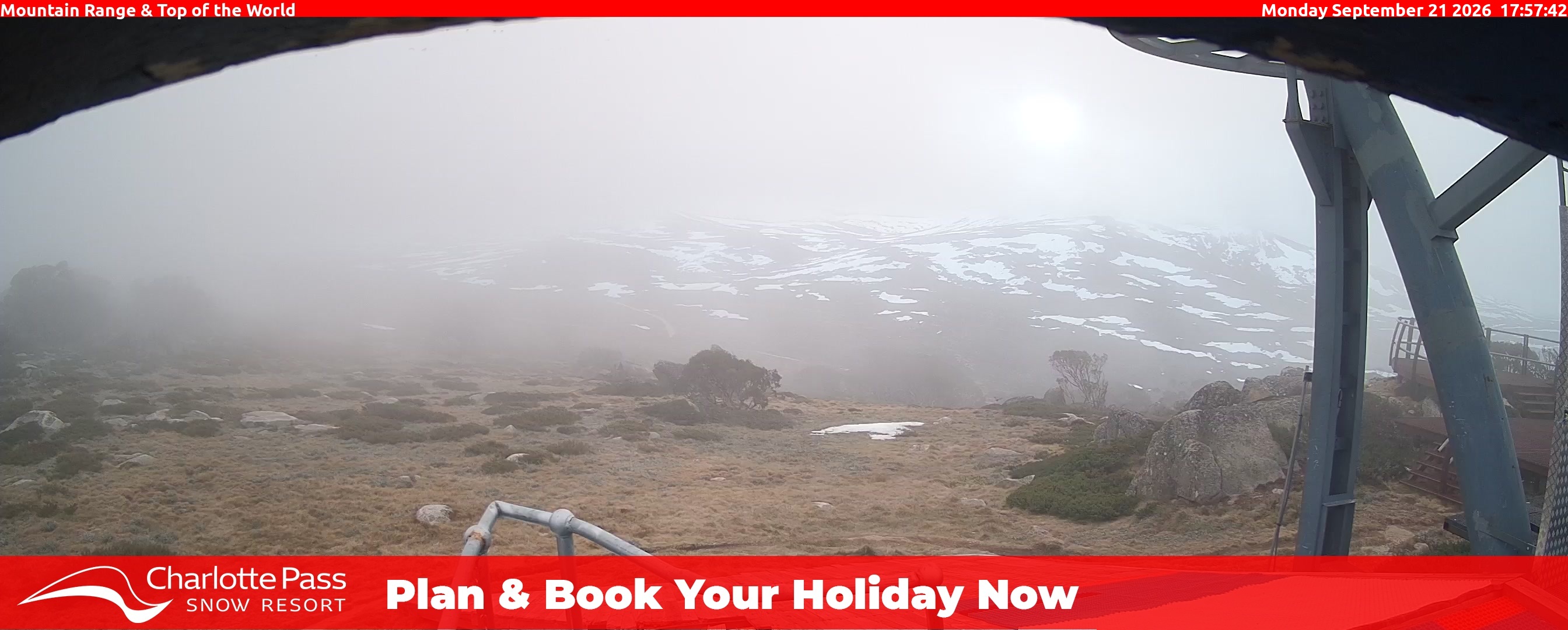 Charlotte Pass Mountain Range and Top of the World snow cam captured at 21 September 2026 at 6:04 pm AEST