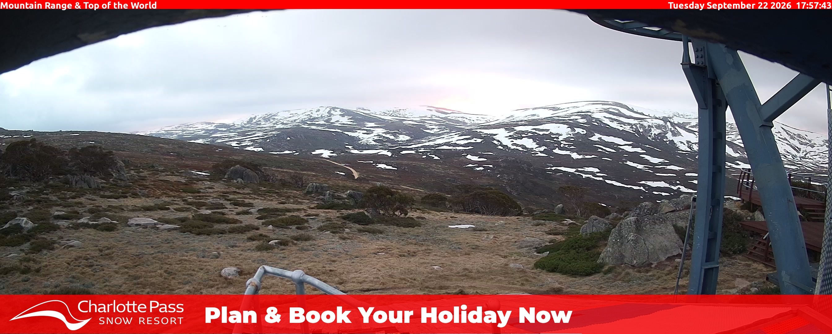 Charlotte Pass Mountain Range and Top of the World snow cam captured at 22 September 2026 at 6:07 pm AEST