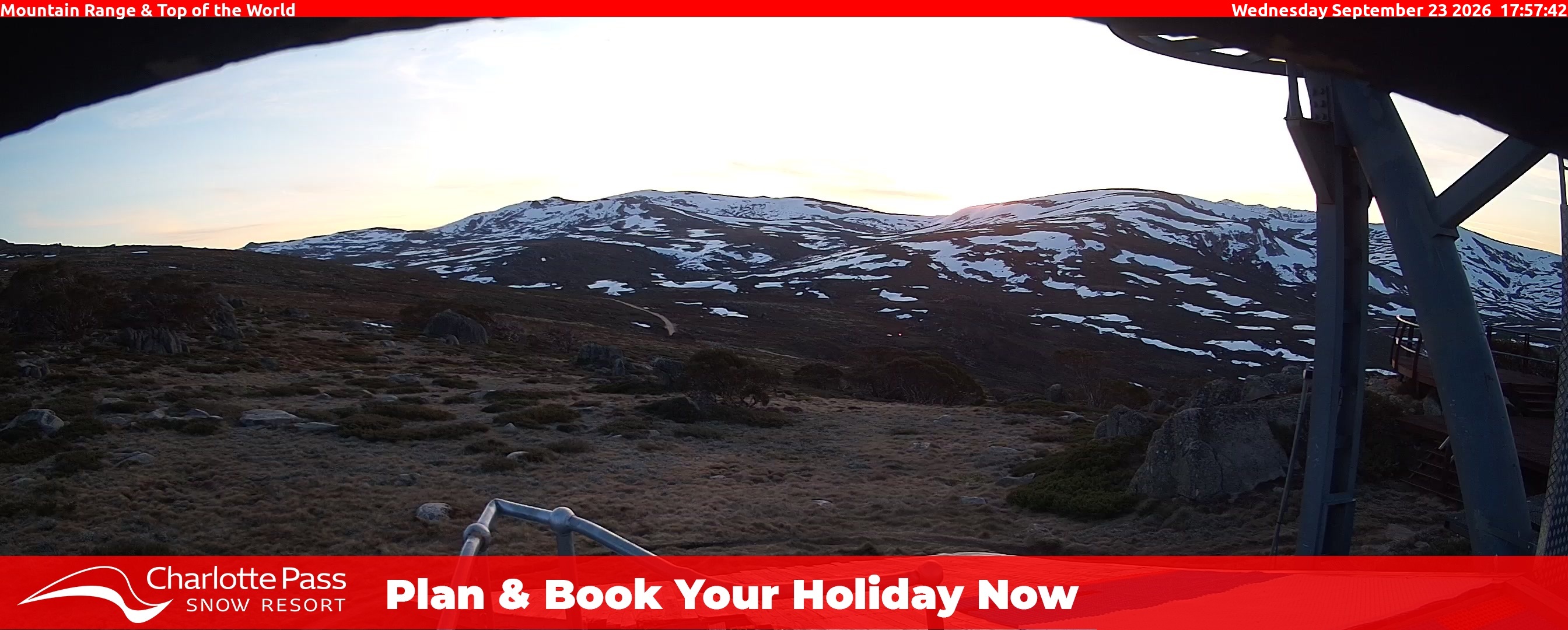 Charlotte Pass Mountain Range and Top of the World snow cam captured at 23 September 2026 at 6:07 pm AEST