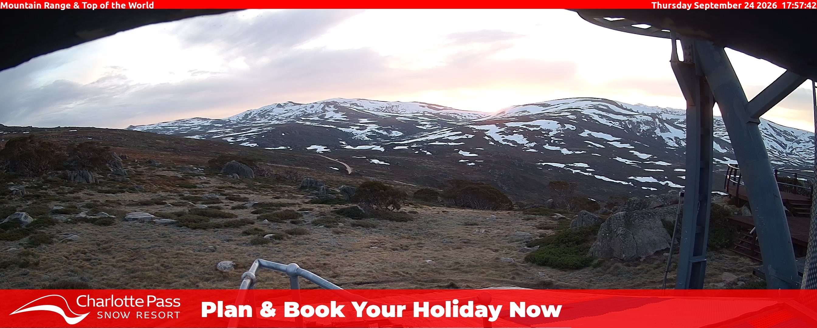 Charlotte Pass Mountain Range and Top of the World snow cam captured at 24 September 2026 at 6:05 pm AEST