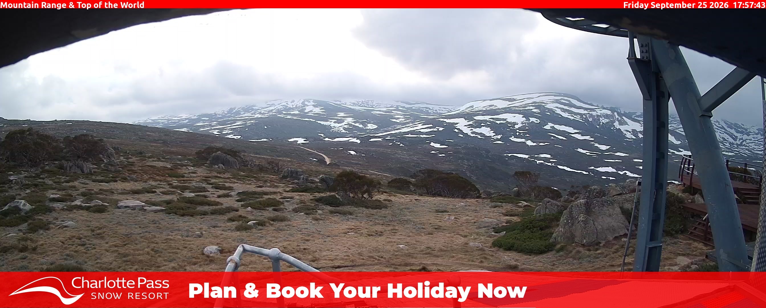 Charlotte Pass Mountain Range and Top of the World snow cam captured at 25 September 2026 at 6:06 pm AEST