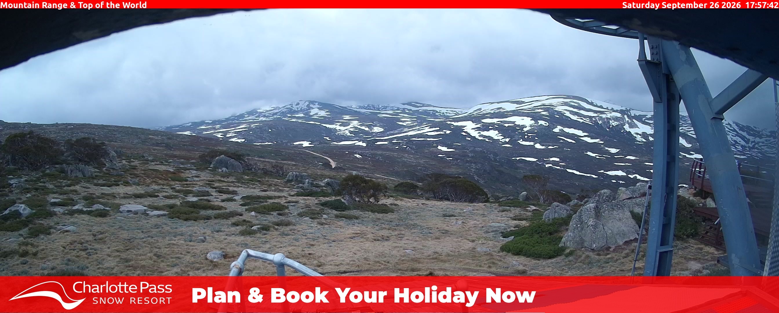 Charlotte Pass Mountain Range and Top of the World snow cam captured at 26 September 2026 at 5:59 pm AEST