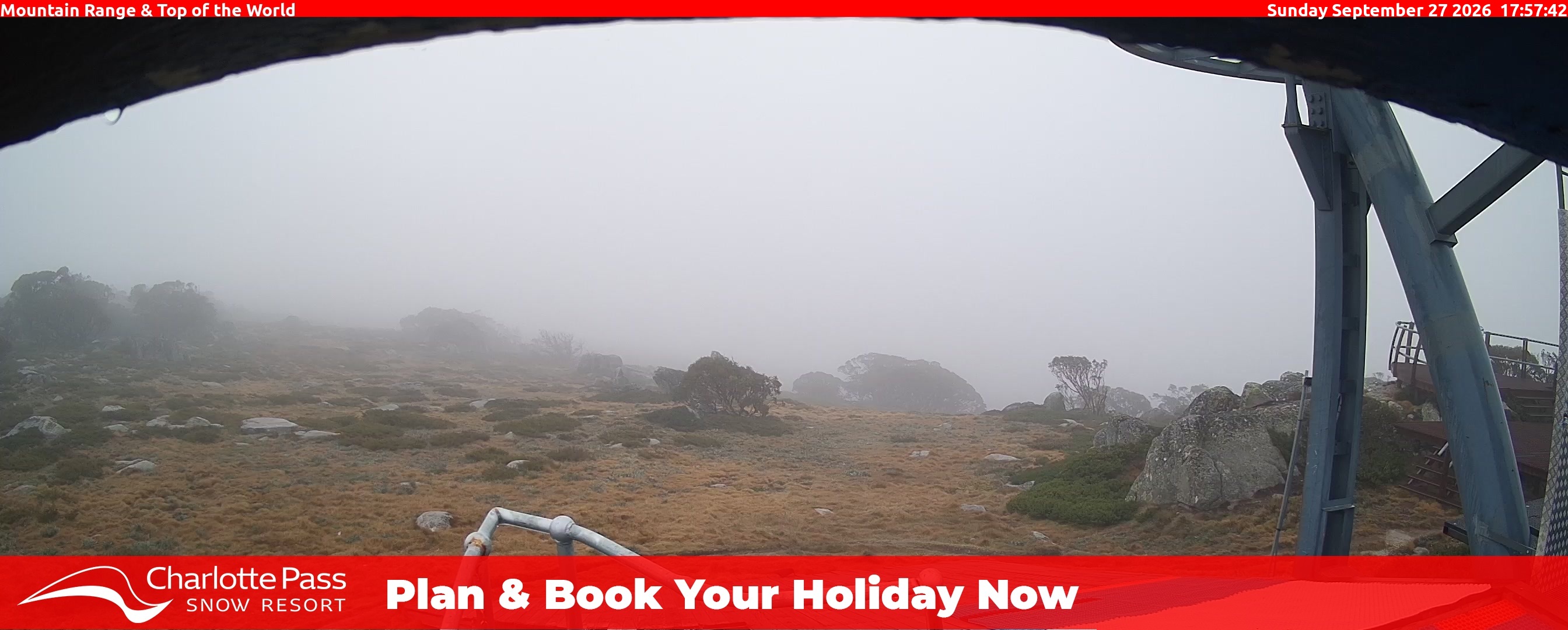 Charlotte Pass Mountain Range and Top of the World snow cam captured at 27 September 2026 at 6:18 pm AEST