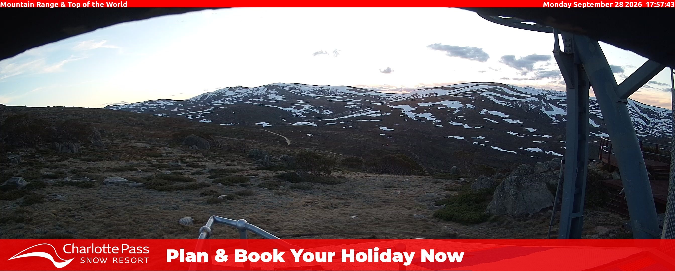 Charlotte Pass Mountain Range and Top of the World snow cam captured at 28 September 2026 at 5:58 pm AEST