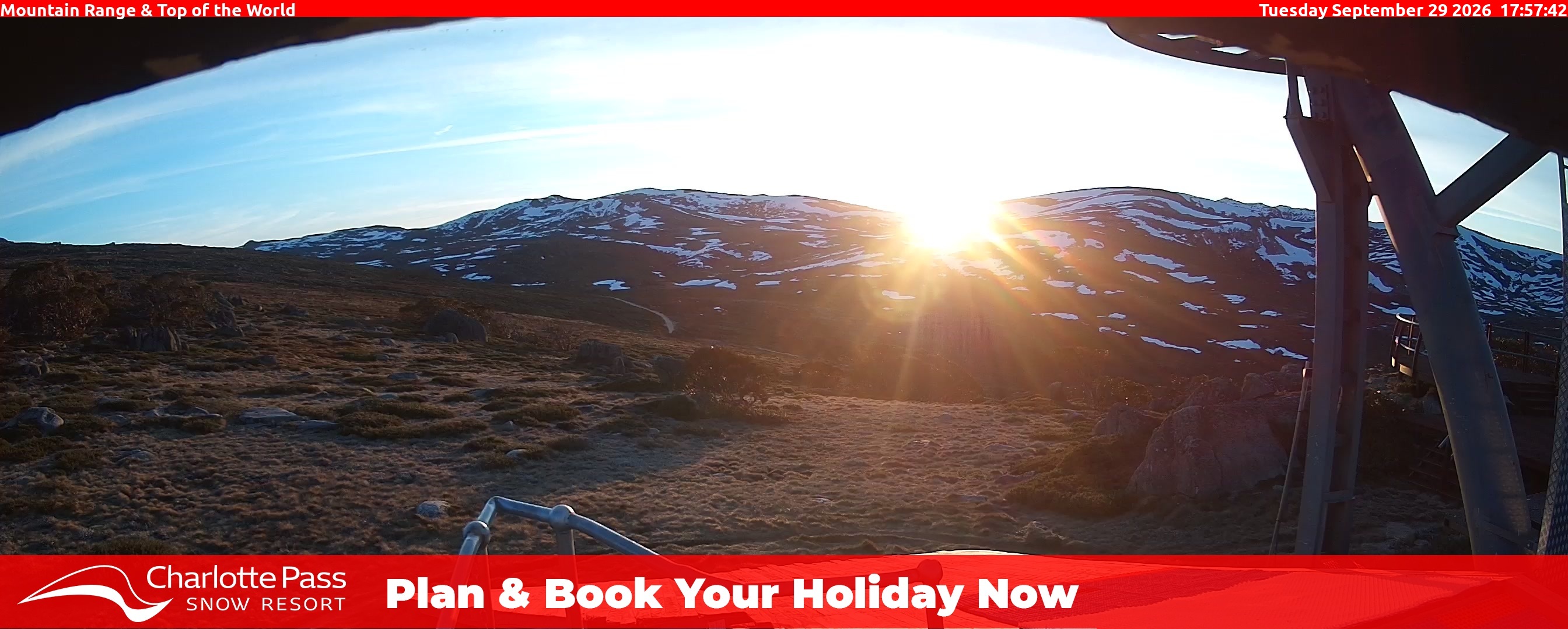 Charlotte Pass Mountain Range and Top of the World snow cam captured at 29 September 2026 at 6:08 pm AEST