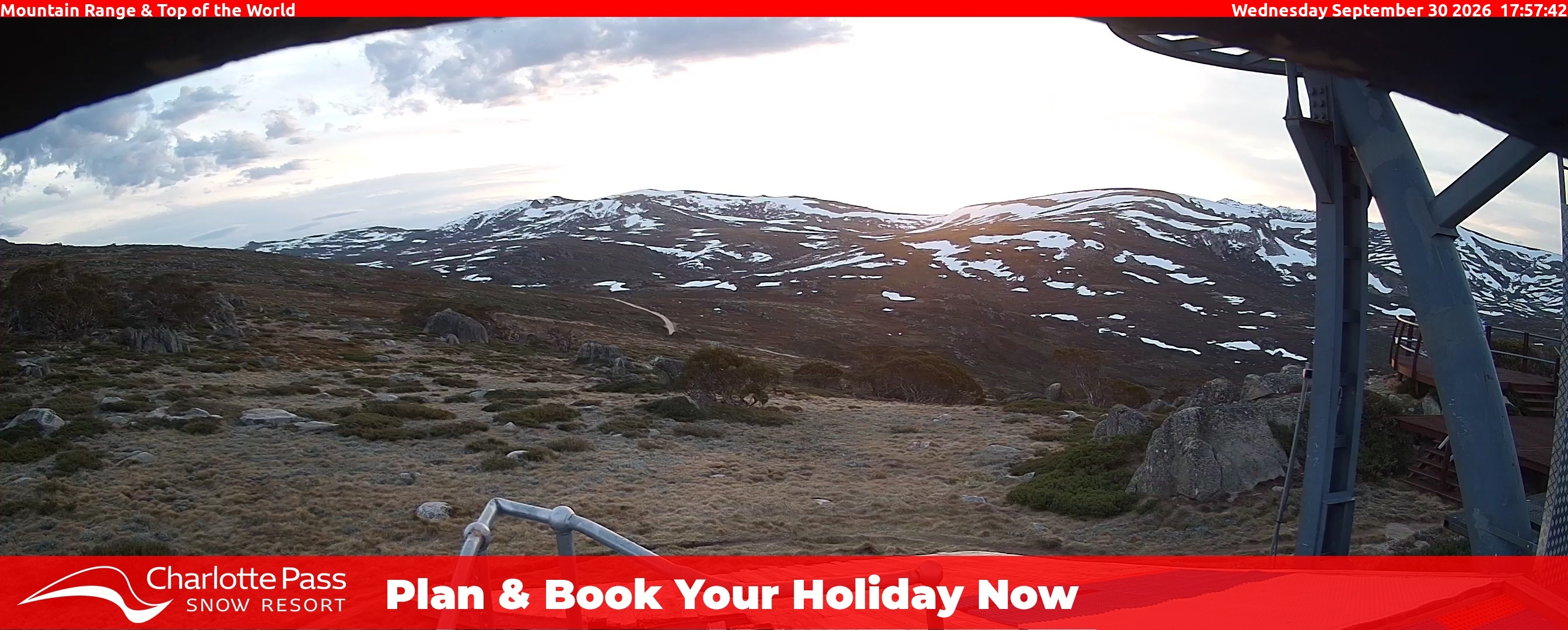 Charlotte Pass Mountain Range and Top of the World snow cam captured at 30 September 2026 at 6:00 pm AEST