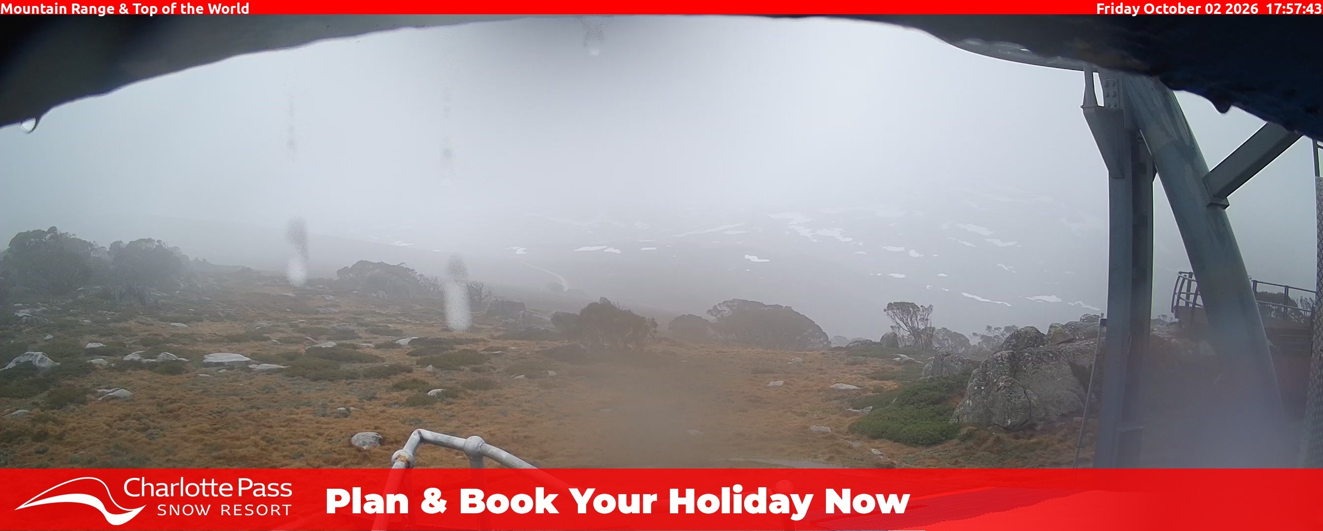 Charlotte Pass Mountain Range and Top of the World snow cam captured at 2 October 2026 at 5:59 pm AEST