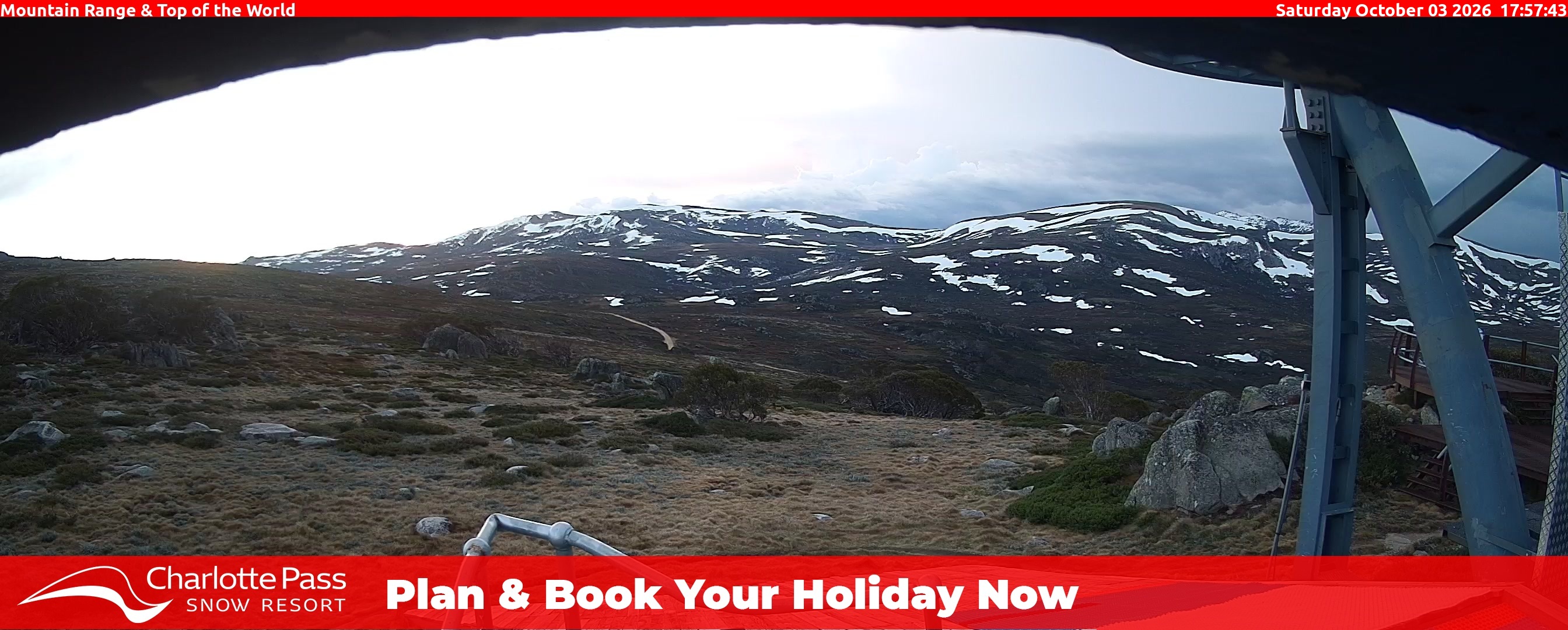 Charlotte Pass Mountain Range and Top of the World snow cam captured at 3 October 2026 at 6:18 pm AEST