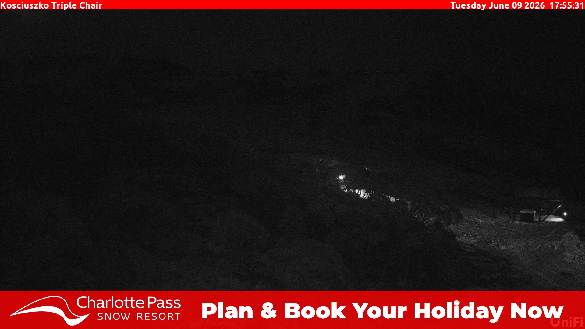 Charlotte Pass Kosciuszko Triple Chair snow cam captured at 9 June 2026 at 5:56 pm AEST