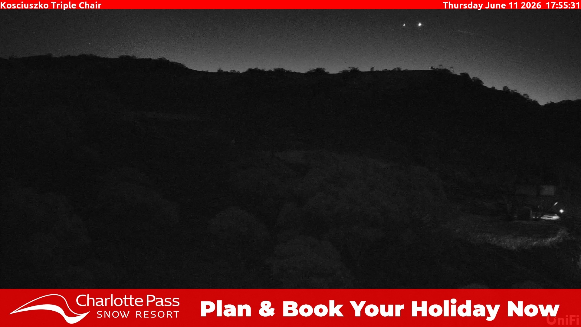 Charlotte Pass Kosciuszko Triple Chair snow cam captured at 11 June 2026 at 5:58 pm AEST
